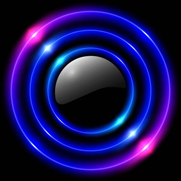 黒い背景の円ライトネオン輝くリングが付いている光沢がある光沢があるボタン コピースペースが付いている紫色の青い集中レーザーのライト サークル ベクトル イラスト — ストックベクタ