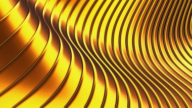 Soyut arkaplan, 3D altın rengi dalgalı çizgiler, ilginç çizgili metalik altın duvar kağıdı, 3D çizim çizimi.