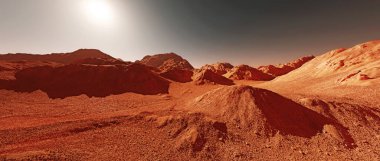 Mars manzarası, 3 boyutlu hayali Mars gezegen arazisi, bilim kurgu arka planı, 3 boyutlu illüstrasyon.