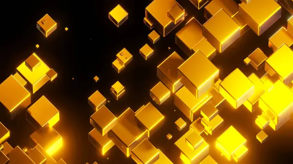 Abstract Achtergrond Veel Gouden Kubussen Met Neon Gouden Gloed Zwarte — Stockfoto