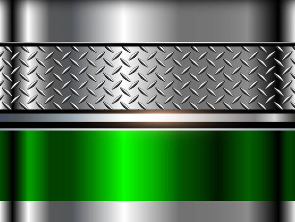 Metallic silver green background, 3d metal shiny chrome with diamond plate texture, vector illustration technology background.