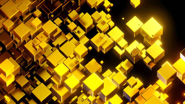 Абстрактный фон 3D, много золотых кубиков с неоновым золотым светом на черном фоне, интересная научно-техническая подложка, иллюстрация 3D-рендеринга.