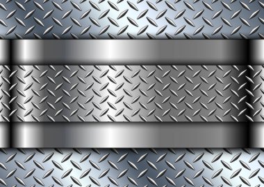 Ortasında pankart olan gümüş metalik 3D arka plan ve elmas plaka metal desen, vektör illüstrasyonu.