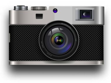 Retro kamera 3d simgesi, eski fotoğraf makinesi arkaplanı, vektör illüstrasyonu