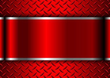 Ortasında pankart olan kırmızı metalik 3D arka plan ve elmas plaka metal desen, vektör illüstrasyonu.