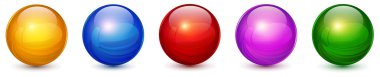 Renkli küreler seti, parlak ve parıltılı 3D renkli cam toplar koleksiyonu, renkli vektör illüstrasyonu.