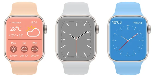 Coleção Smartwatch Relógios Pulso Realistas Isolados Branco Ilustração Vetorial — Vetor de Stock
