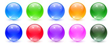 Renkli küreler seti, parlak ve parıltılı 3D renkli cam toplar koleksiyonu, renkli vektör illüstrasyonu.