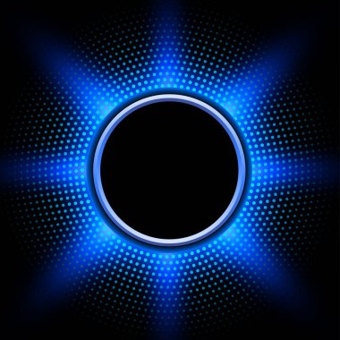 Mavi yarım tonlu parlak düğme, siyah arkaplan etrafında güneşli noktalar, vektör illüstrasyonu.