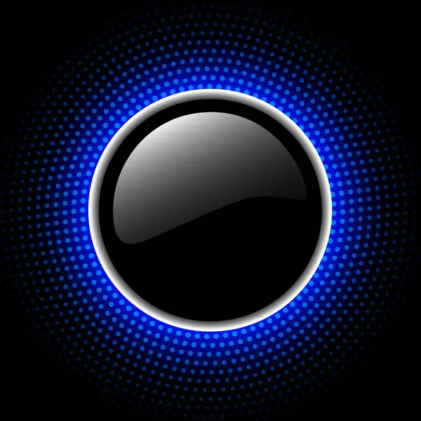 Shiny Button Blue Halftone Sunny Dots Pattern Black Background Vector — Stock Vector