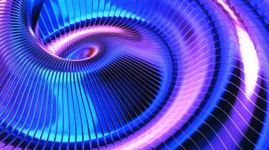 Mor mavi metalik dalgalı soyut arkaplan, 3D metal parlak çizgili desen, ilginç çizgili 3D duvar kağıdı, resimleme.