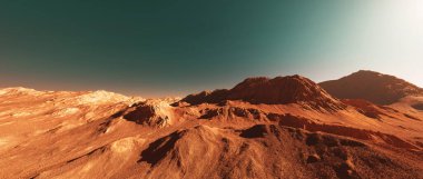 Mars Gezegeni çizimi, turuncu kırmızı aşınmış Mars yüzeyi, bilim kurgu 3D çizim arkaplanı.