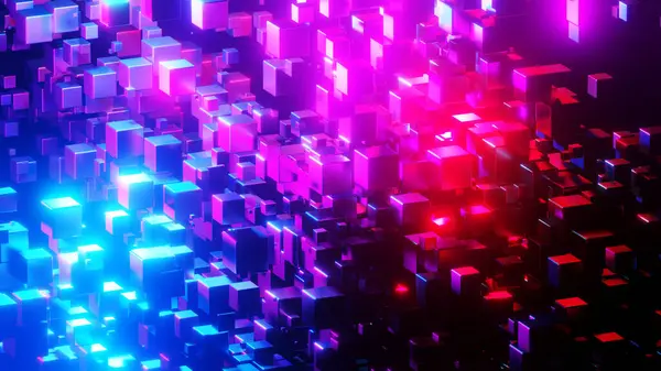 Abstract Background Many Metallic Blue Cubes Neon Glow Black Technology — Stock Photo, Image