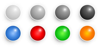 Renkli düğmeler seti, parlak ve parlak renkli toplar koleksiyonu, çok renkli 3D illüstrasyon vektörü.