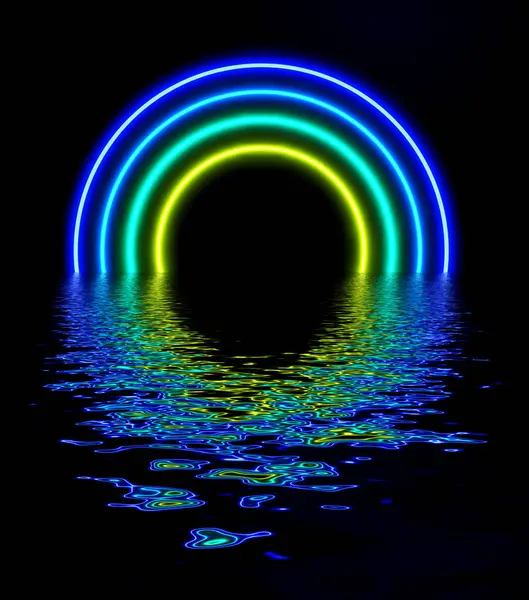 抽象的未来派背景 黄色的蓝色霓虹灯门 三维发光反射在水中 科幻小说图解 — 图库照片#