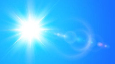 Güneşli arka plan, mavi gökyüzünde parlayan mercek, sıcak hava konsepti, vektör yaz arkaplan illüstrasyonu.