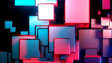 Uzayda 3 boyutlu küpleri olan soyut teknoloji arka planı, siyah üzerine mor mavi neon küpleri, 3 boyutlu resimleme.
