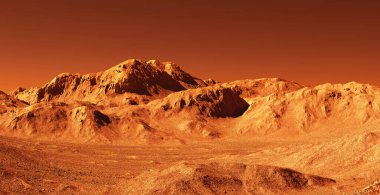 Mars Gezegeni çizimi, turuncu kırmızı aşınmış Mars yüzeyi, bilim kurgu 3D çizim arkaplanı.