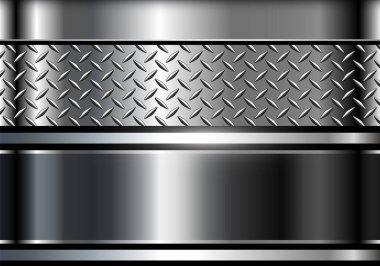 Metalik gümüş arkaplan, elmas plaka desenli 3D metal parlak krom, vektör illüstrasyon teknolojisi arka planı.