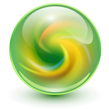 İçinde soyut spiral şekli olan cam top, ilginç mermer desenli parlak küre, 3d vektör illüstrasyonu.