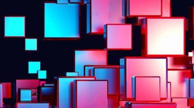 Uzayda 3 boyutlu küpleri olan soyut teknoloji arka planı, siyah üzerine mor mavi neon küpleri, 3 boyutlu resimleme.