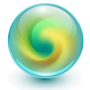 İçinde soyut spiral şekli olan cam top, ilginç mermer desenli parlak küre, 3d vektör illüstrasyonu.