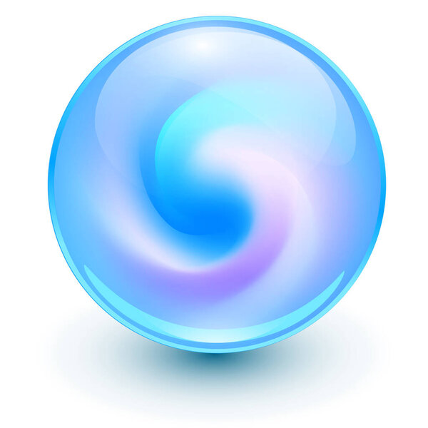 Glass ball with abstract spiral shape inside, blue shiny sphere with interesting marble pattern, 3d vector illustration.