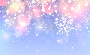 Kar taneleri, bokeh ve ışıklarla Noel arkaplanı, kış sihirli arka planı, vektör illüstrasyonu