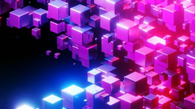 Uzayda 3 boyutlu küpleri olan soyut teknoloji arka planı, siyah üzerine mor mavi neon küpleri, 3 boyutlu resimleme.