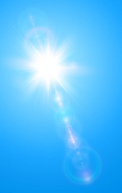 Güneşli arka plan, mavi gökyüzünde parlayan mercek, sıcak hava konsepti, vektör yaz arkaplan illüstrasyonu.