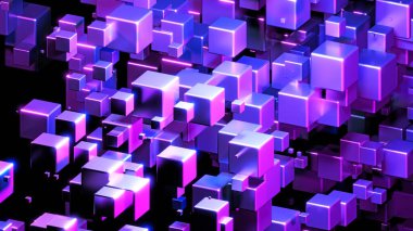 Uzayda 3 boyutlu küpleri olan soyut teknoloji arka planı, siyah üzerine parlayan mor mavi neon küpleri, 3 boyutlu teknoloji duvar kağıdı çizimi