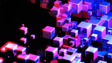 Uzayda 3 boyutlu küpleri olan soyut teknoloji arka planı, siyah üzerine parlayan mor mavi neon küpleri, 3 boyutlu teknoloji duvar kağıdı çizimi