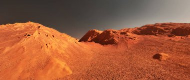Mars Gezegeni çizimi, turuncu kırmızı aşınmış Mars yüzeyi, bilim kurgu 3D çizim arkaplanı.