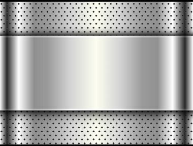 Ortasında boş afiş olan gümüş metalik zemin, parlak krom metal zemin, vektör illüstrasyonu.