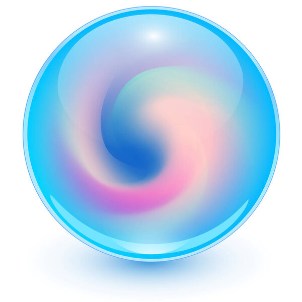 Glass ball with abstract spiral shape inside, blue shiny sphere with interesting marble pattern, 3d vector illustration.