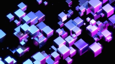 Uzayda 3D küplere sahip soyut teknoloji arka planı, siyah, teknoloji ve bilim duvar kağıdı üzerine parlayan mor mavi neon küpler 3D çizim