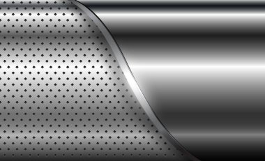 Metal arka plan parlak gümüş krom metalik yarım ton nokta desenli, gümüş cilalı çelik desenli duvar kağıdı 3d vektör çizimi.