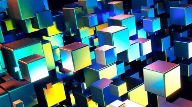 Uzayda 3D küplerle soyut arkaplan, siyah, teknoloji ve bilim duvar kağıdı üzerine parlayan pek çok neon küpler 3D resimleme.