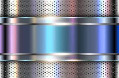 Yanardöner holografik renklere sahip gümüş metal arkaplan, metal pankartlı parlak krom metalik doku, vektör illüstrasyon.