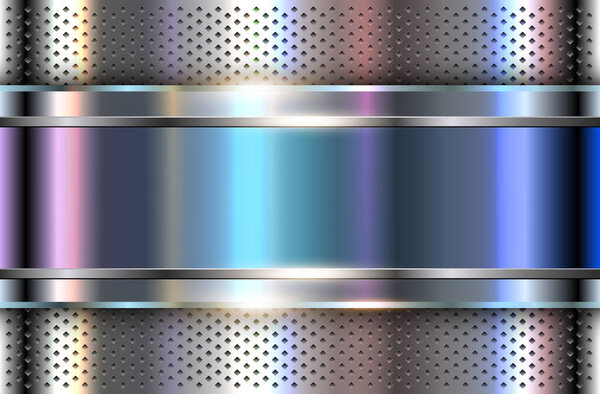 Silver metal background with iridescence holographic colors, shiny chrome metallic texture with metal banner, vector illustration.