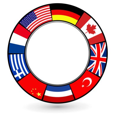 Uluslararası bayraklı iş simgeleri, bayraklı halka ve kopyalama alanı vektör iş konsepti sembolleri.