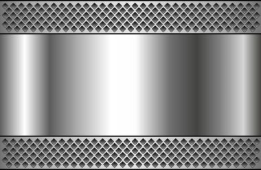 Metal arka plan parlak gümüş krom metalik yarım ton nokta desenli, gümüş cilalı çelik desenli duvar kağıdı 3d vektör çizimi.