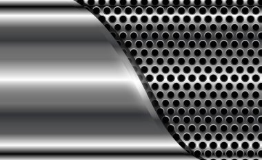 Metal arka plan parlak gümüş krom metalik yarım ton nokta desenli, gümüş cilalı çelik desenli duvar kağıdı 3d vektör çizimi.