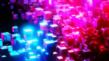 Uzayda 3D küplere sahip soyut teknoloji arka planı, siyah, teknoloji ve bilim duvar kağıdı üzerine parlayan mor mavi neon küpler 3D çizim.