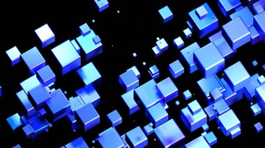 Uzayda 3D küplere sahip soyut teknoloji arka planı, siyah, teknoloji ve bilim duvar kağıdı üzerine parlayan mor mavi neon küpler 3D çizim