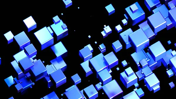 Uzayda 3D küplere sahip soyut teknoloji arka planı, siyah, teknoloji ve bilim duvar kağıdı üzerine parlayan mor mavi neon küpler 3D çizim