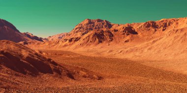 Mars çöl manzarası, yıpranmış Mars gezegeni yüzeyi, bilim kurgu 3D çizim arkaplanı.