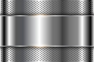 Metal arka plan parlak gümüş krom metalik yarım ton nokta desenli, gümüş cilalı çelik desenli duvar kağıdı 3d vektör çizimi.