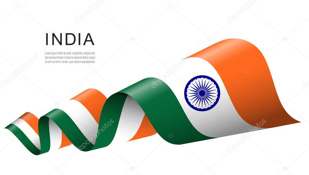 India flag on a waving ribbon, Indian Independence Day concept design, vector illustration.