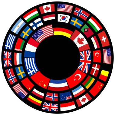 Uluslararası bayraklı iş simgesi, içinde kopya alanı olan bayraklı halka, vektör iş konsepti sembolü.